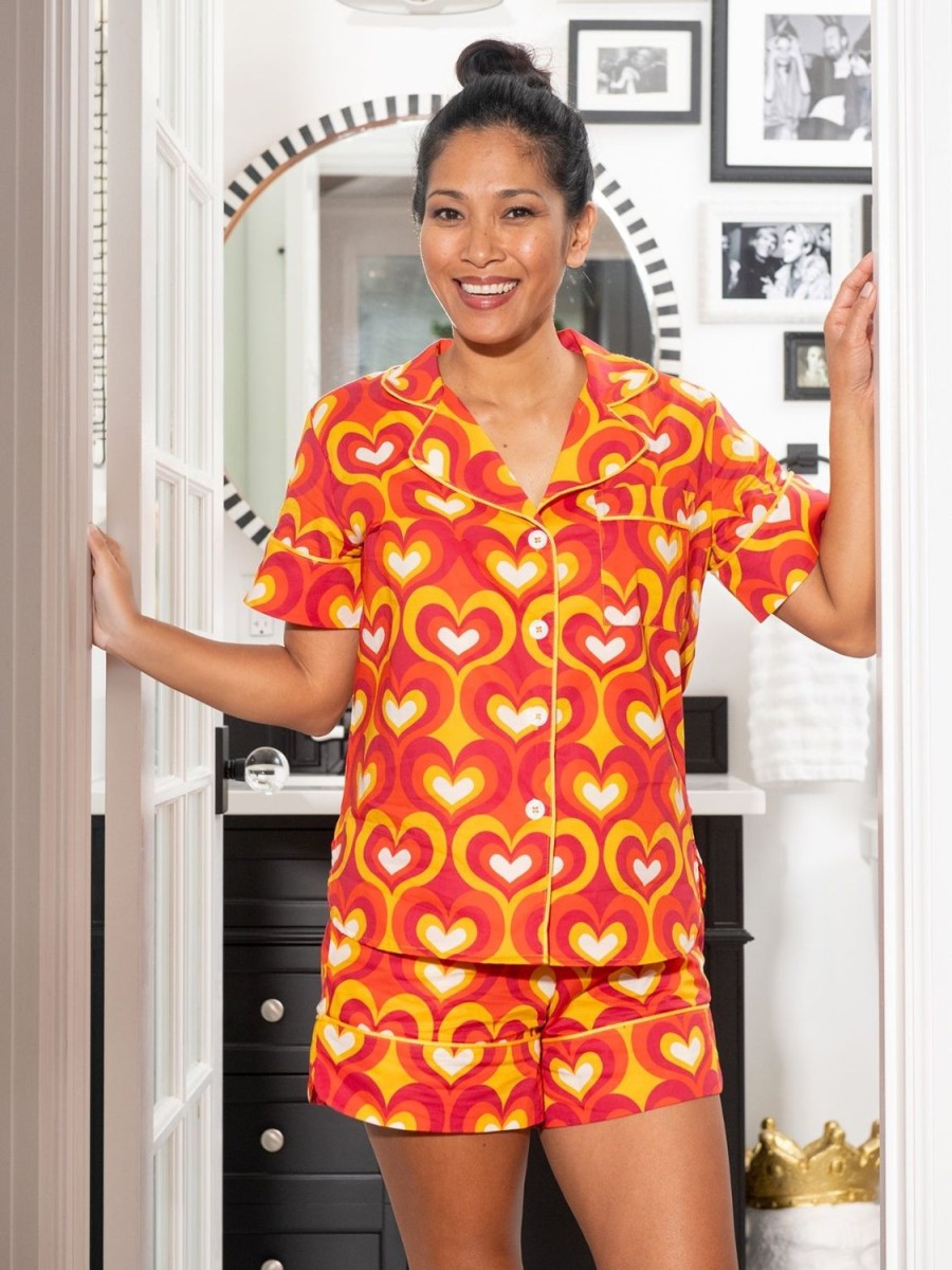 New Lesley Evers Zoey Pajama Set Mod Hearts Orange