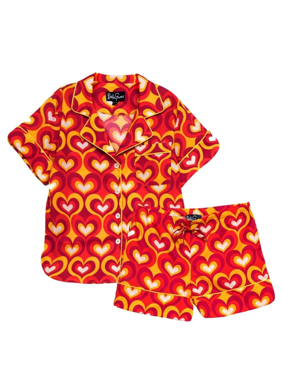 New Lesley Evers Zoey Pajama Set Mod Hearts Orange