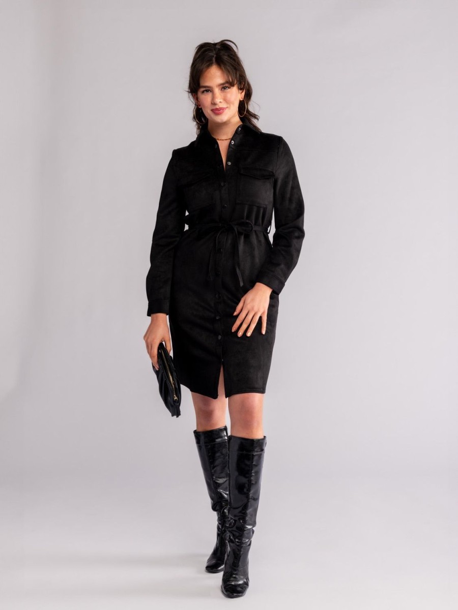 New Lesley Evers Maya Shirtdress Black Faux Suede