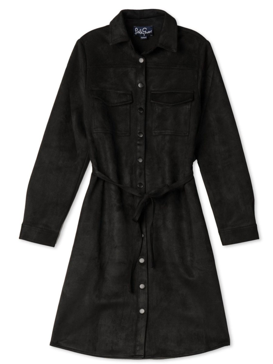 New Lesley Evers Maya Shirtdress Black Faux Suede