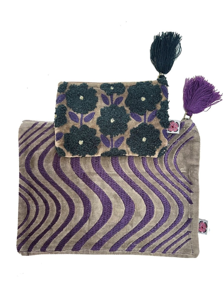 Online Lesley Evers Purple Flower Velvet Pouch Set