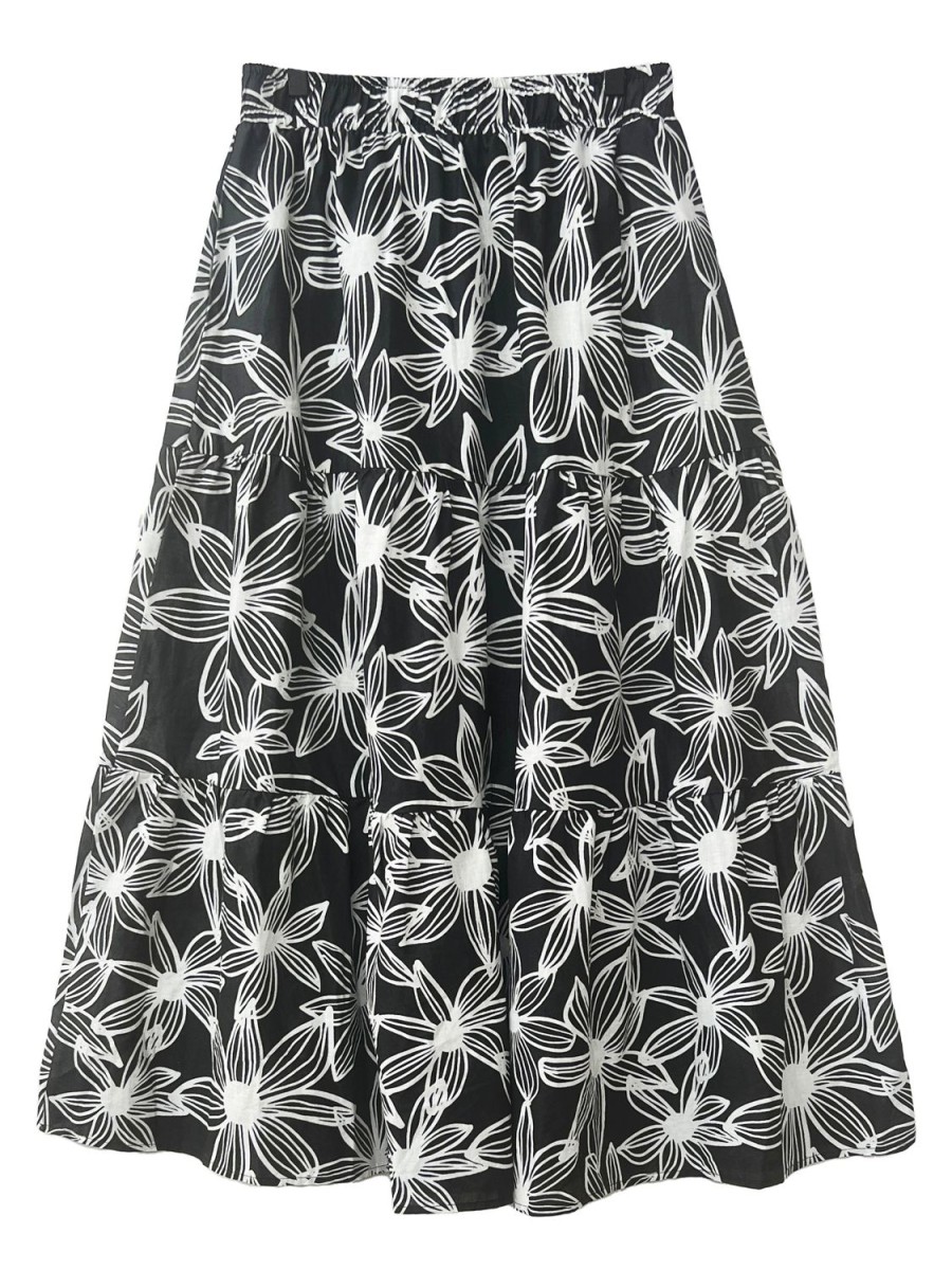 New Lesley Evers Claudia Maxi Skirt Flower Lines Black