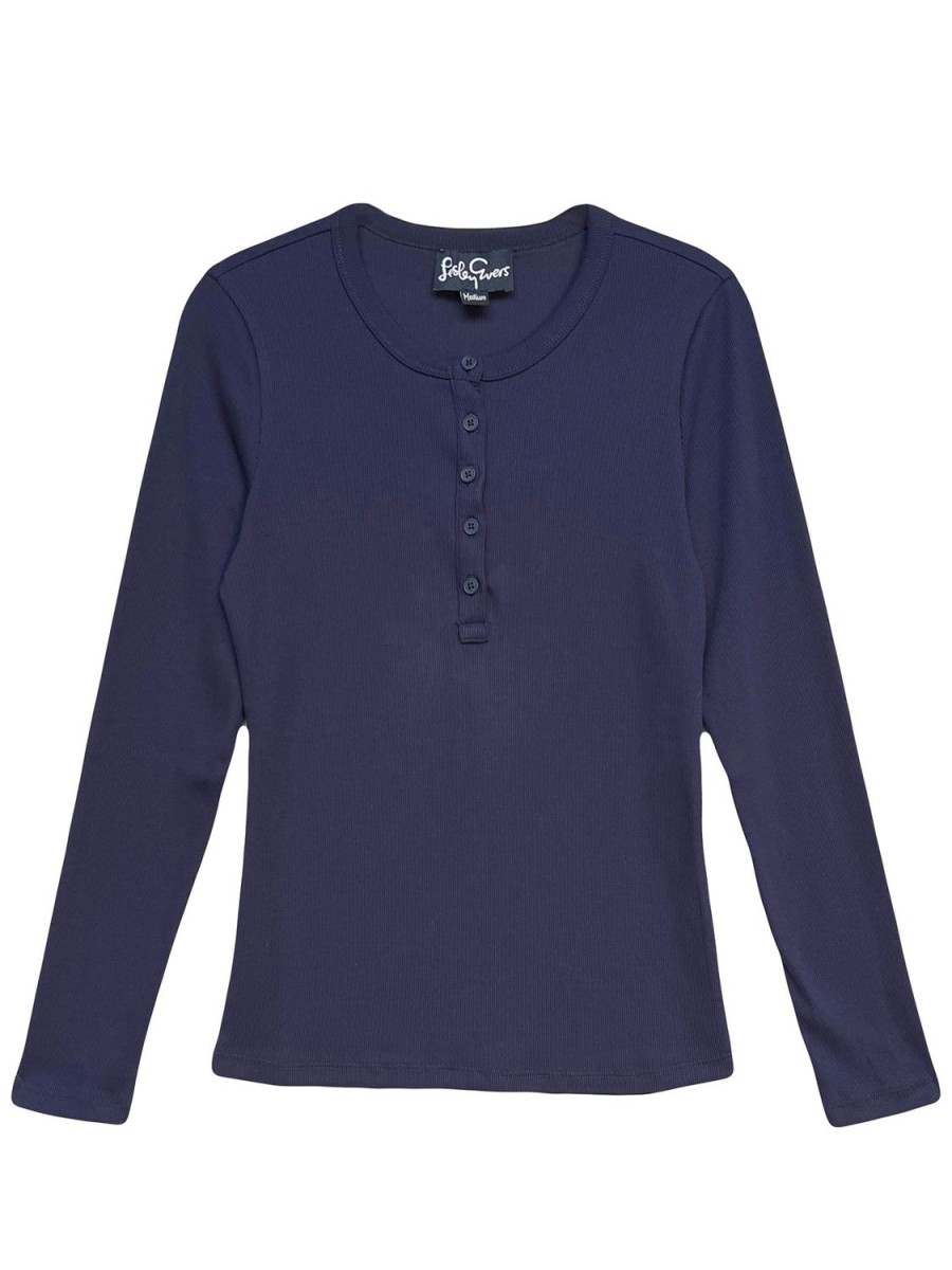 Clearance Lesley Evers Cora Henley Tee Navy Rib