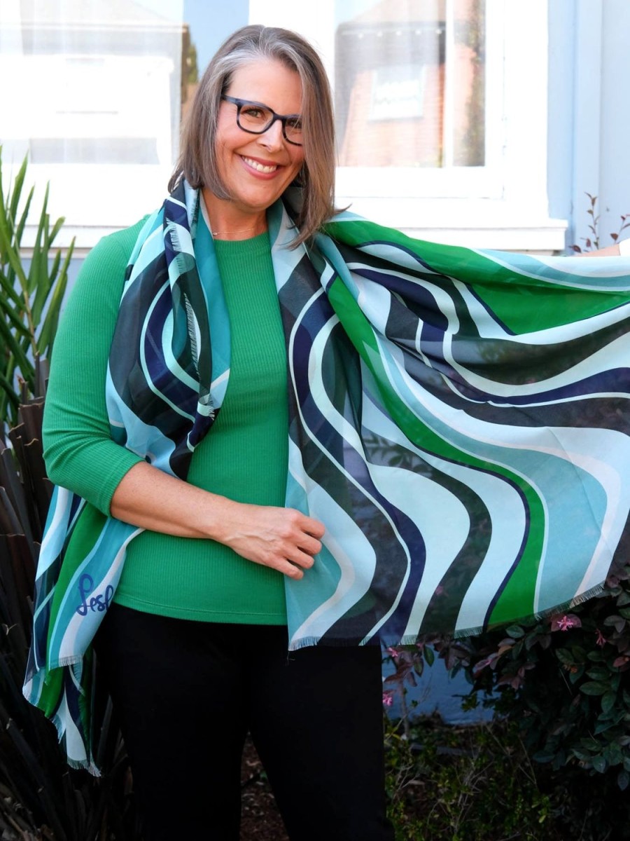 Hot Lesley Evers Esme Silk Scarf Green Wave