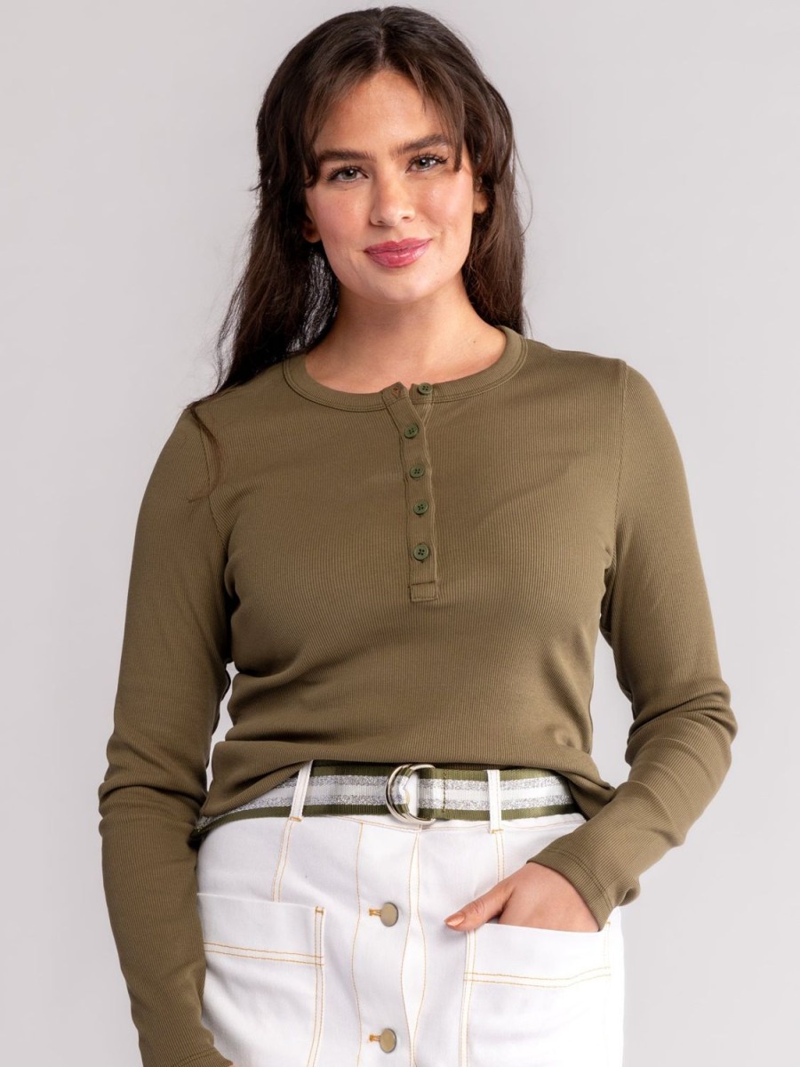 Clearance Lesley Evers Cora Henley Tee Dark Olive Rib