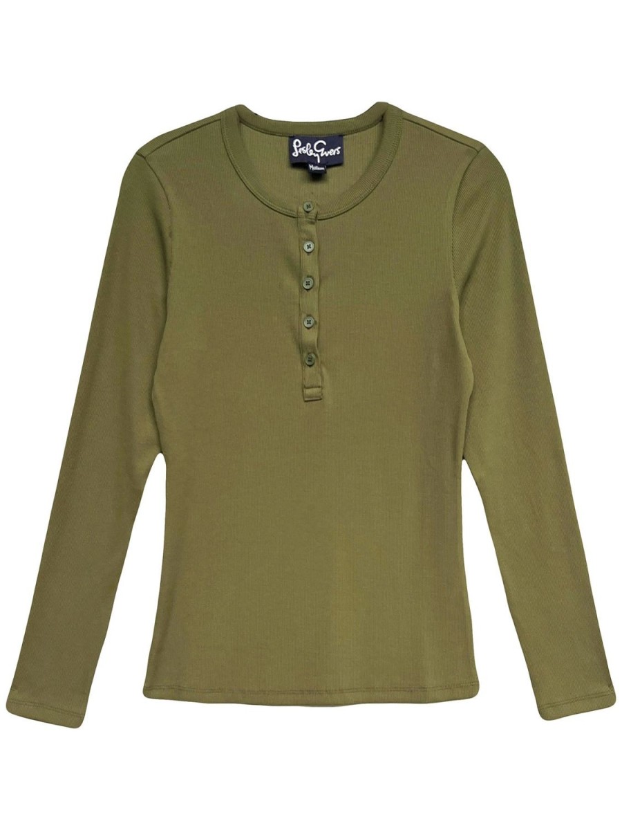 Clearance Lesley Evers Cora Henley Tee Dark Olive Rib