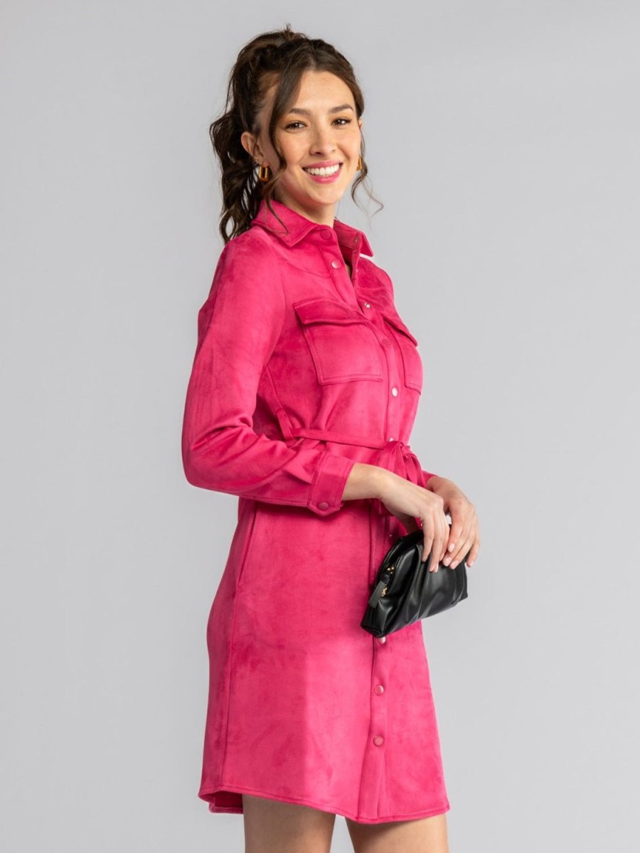 Clearance Lesley Evers Maya Shirtdress Magenta Faux Suede